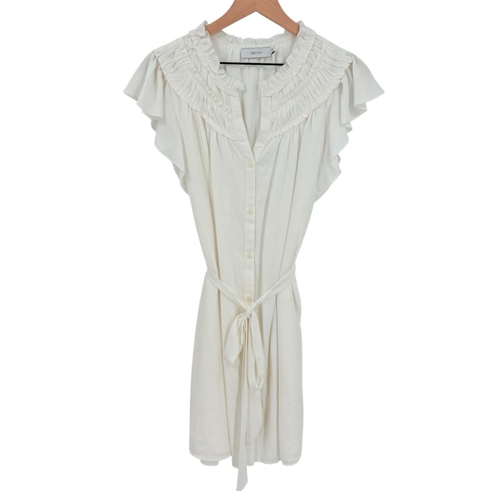Greylin White Button Down Ruffle Tie Waist‎ Dress Medium